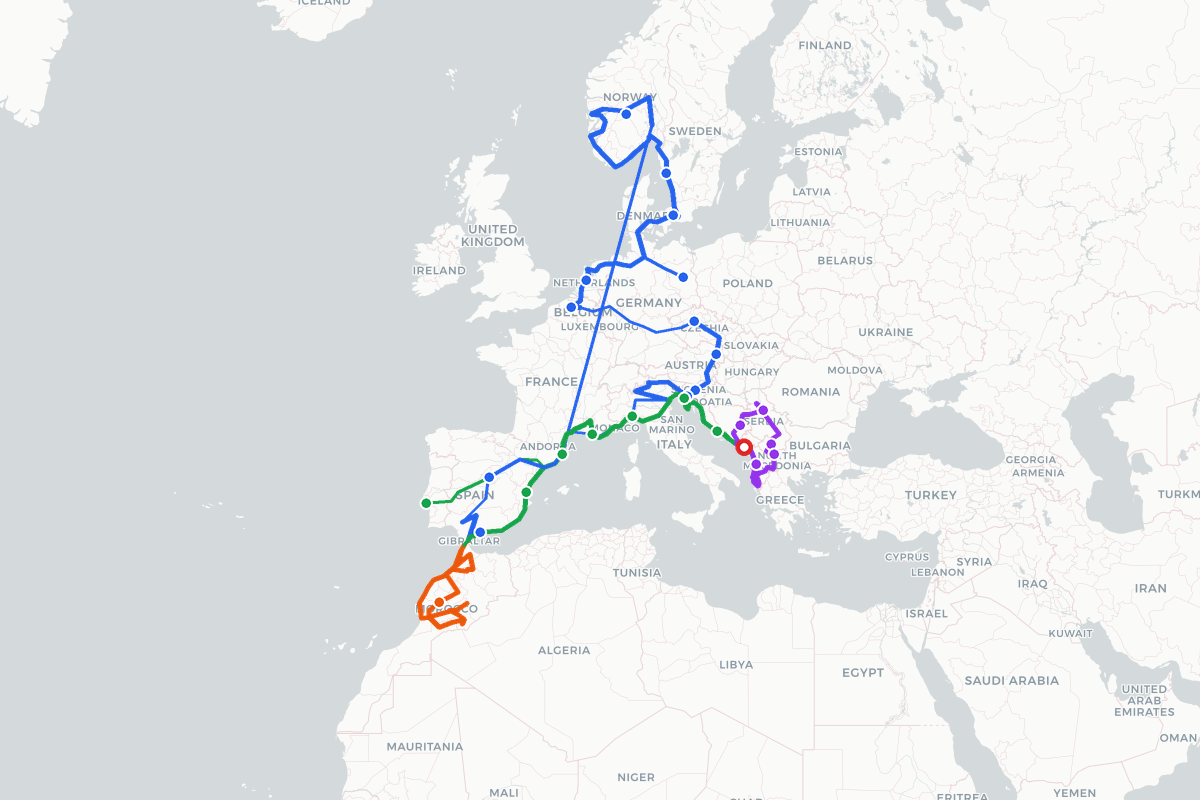 Map of the 26-stage route across Europe and Morocco